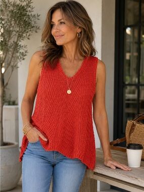 Marled Women’s XL Orange Knit Sleeveless Top Scalloped Hem Summer V-Neck Casual